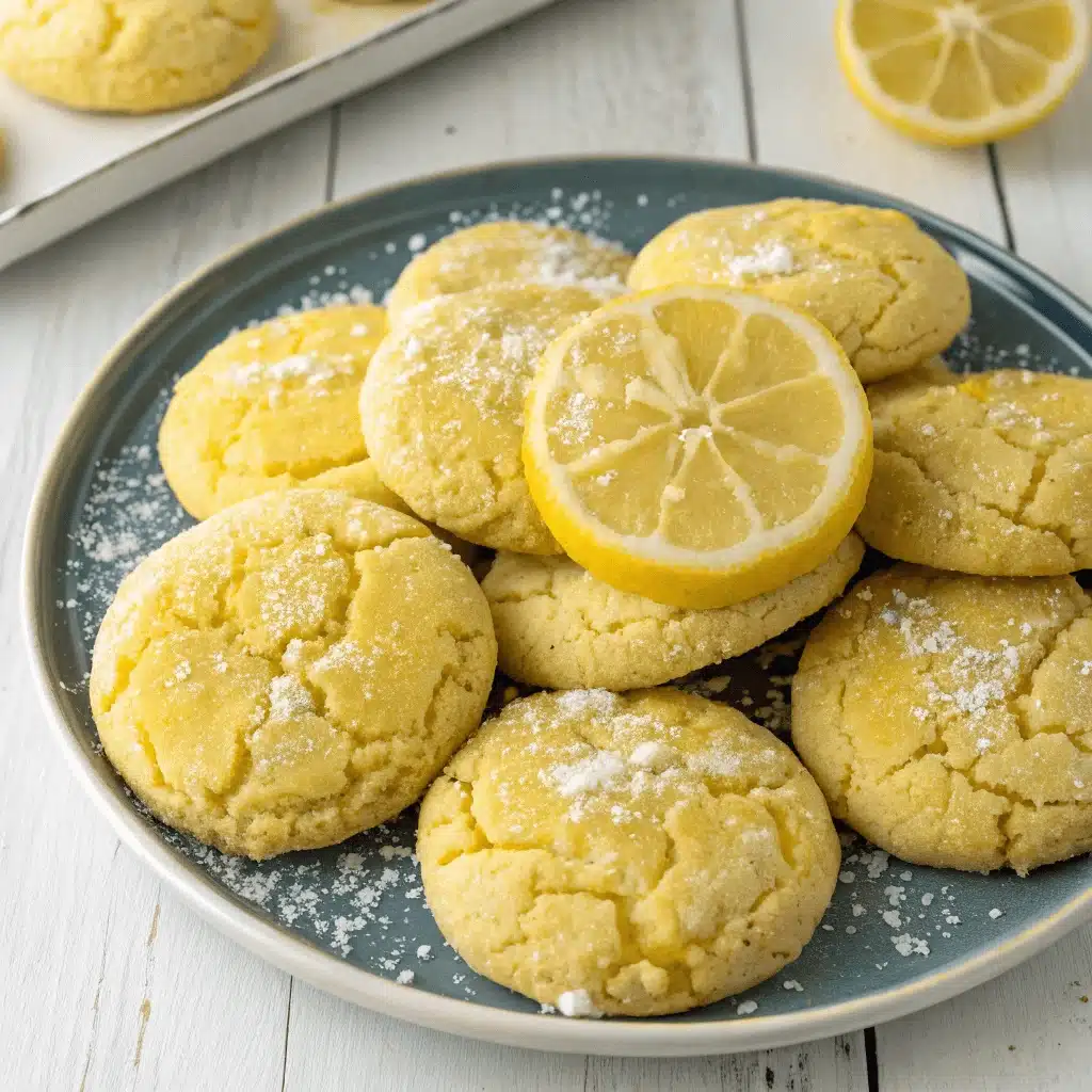 A teal-edged plate of lemon sugar cookies topped with a single lemon slice, placed on a whitewashed wooden table beside a baking sheet lined with more cookies.