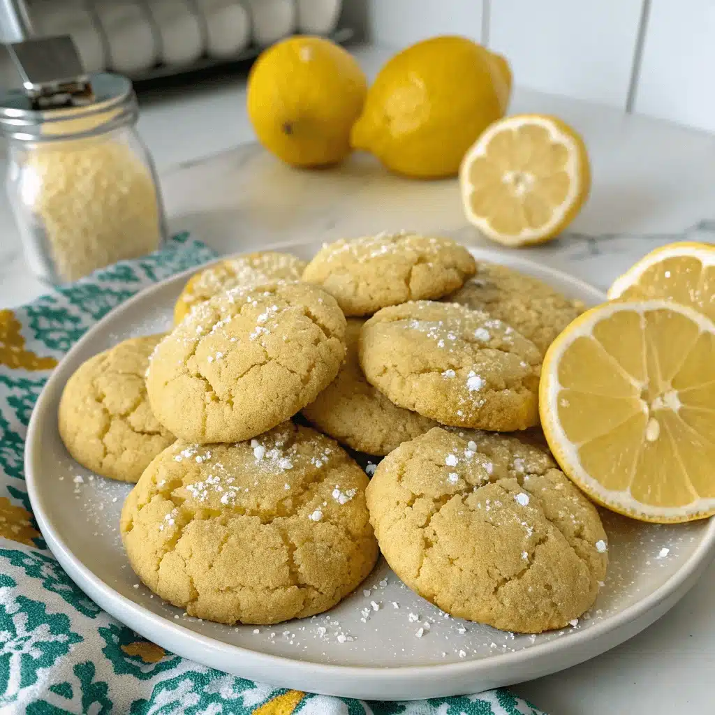 A white plate heaped with round, sugar-dusted lemon crinkle cookies and halved fresh lemons, set on a marble countertop with a vintage sugar dispenser in the background.