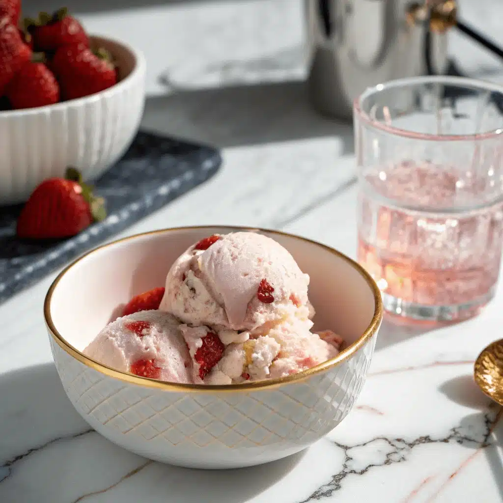 A white and gold bowl holding three scoops of pale pink strawberry shortcake ice cream studded with fresh strawberry pieces and cake crumbs, set on a marble countertop with a bowl of strawberries and a glass of pink drink in the background.