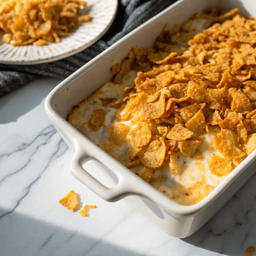 Overhead view of a white rectangular casserole dish filled with creamy funeral potatoes topped with golden cornflake crumbs, with a small plate of a serving in soft focus at the top of the frame.