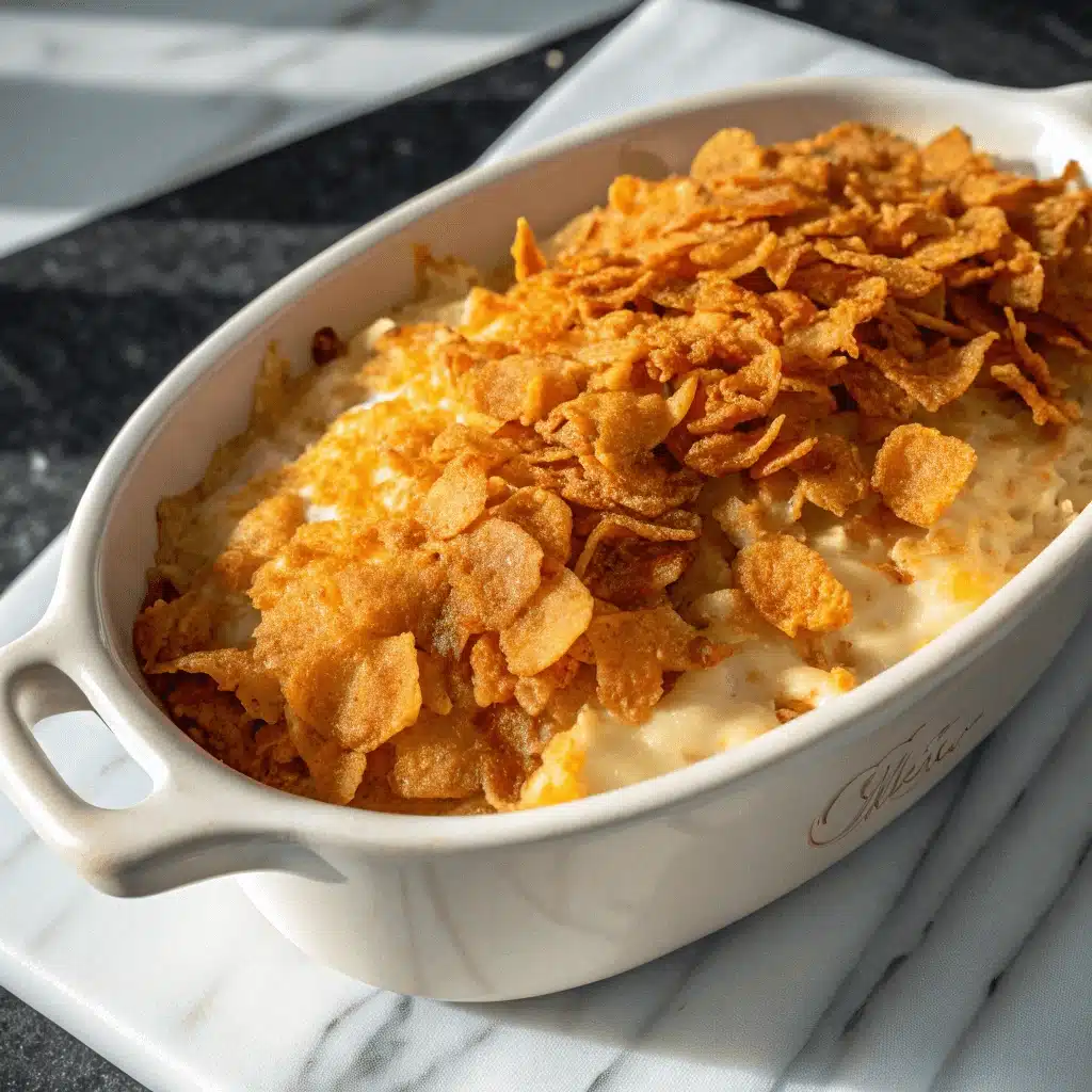 Close-up side shot of funeral potatoes in a white oval dish, emphasizing the crispy cornflake topping and creamy potato beneath.
