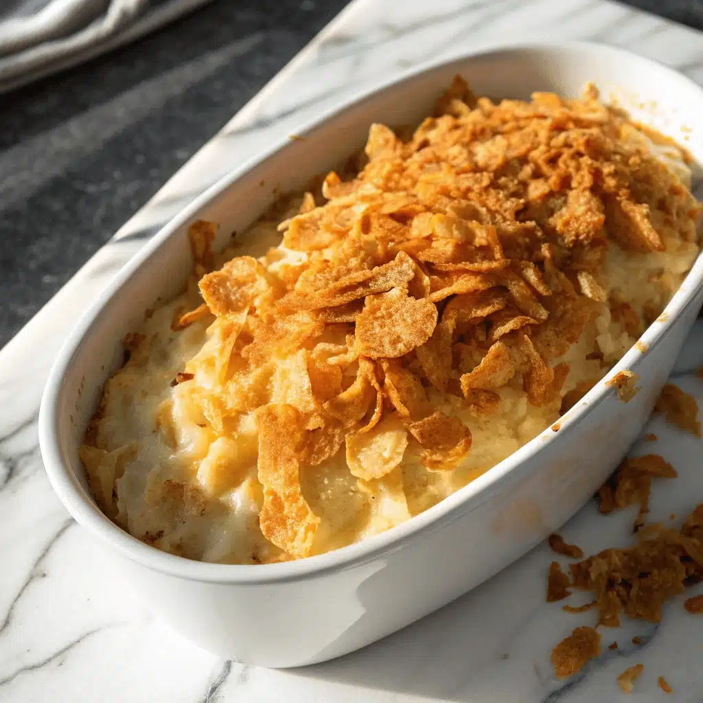 Angled perspective of a white casserole dish brimming with funeral potatoes, the cornflake topping glowing in sunlight on a marble countertop.