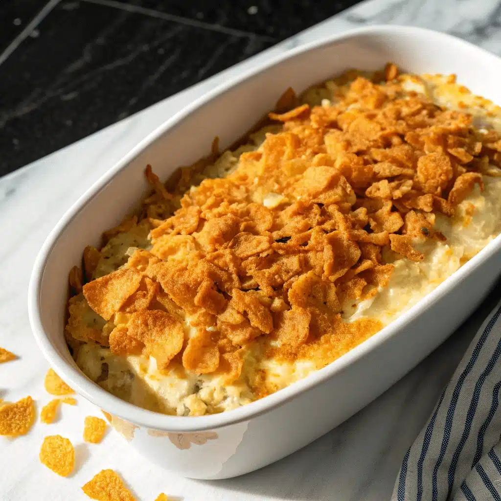 Side-angled view of a white baking dish filled with funeral potatoes, the cheesy surface bubbling beneath a layer of crunchy cornflakes.