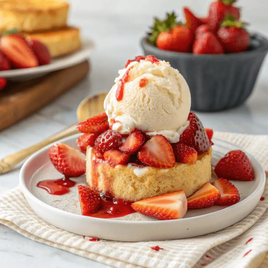 Round strawberry shortcake ice cream topped with a scoop of vanilla ice cream, fresh strawberry slices, and strawberry sauce, served on a white plate with a bowl of strawberries in the background.
