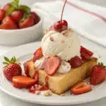 Rectangular slice of golden pound cake topped with a scoop of vanilla ice cream, fresh strawberry slices, strawberry sauce and a maraschino cherry, on a white plate with a bowl of strawberries in the background.