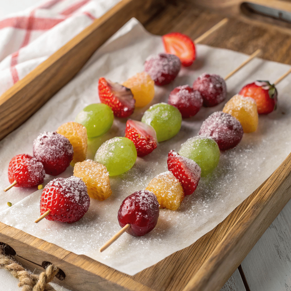 Tanghulu skewers with strawberries and grapes on parchment