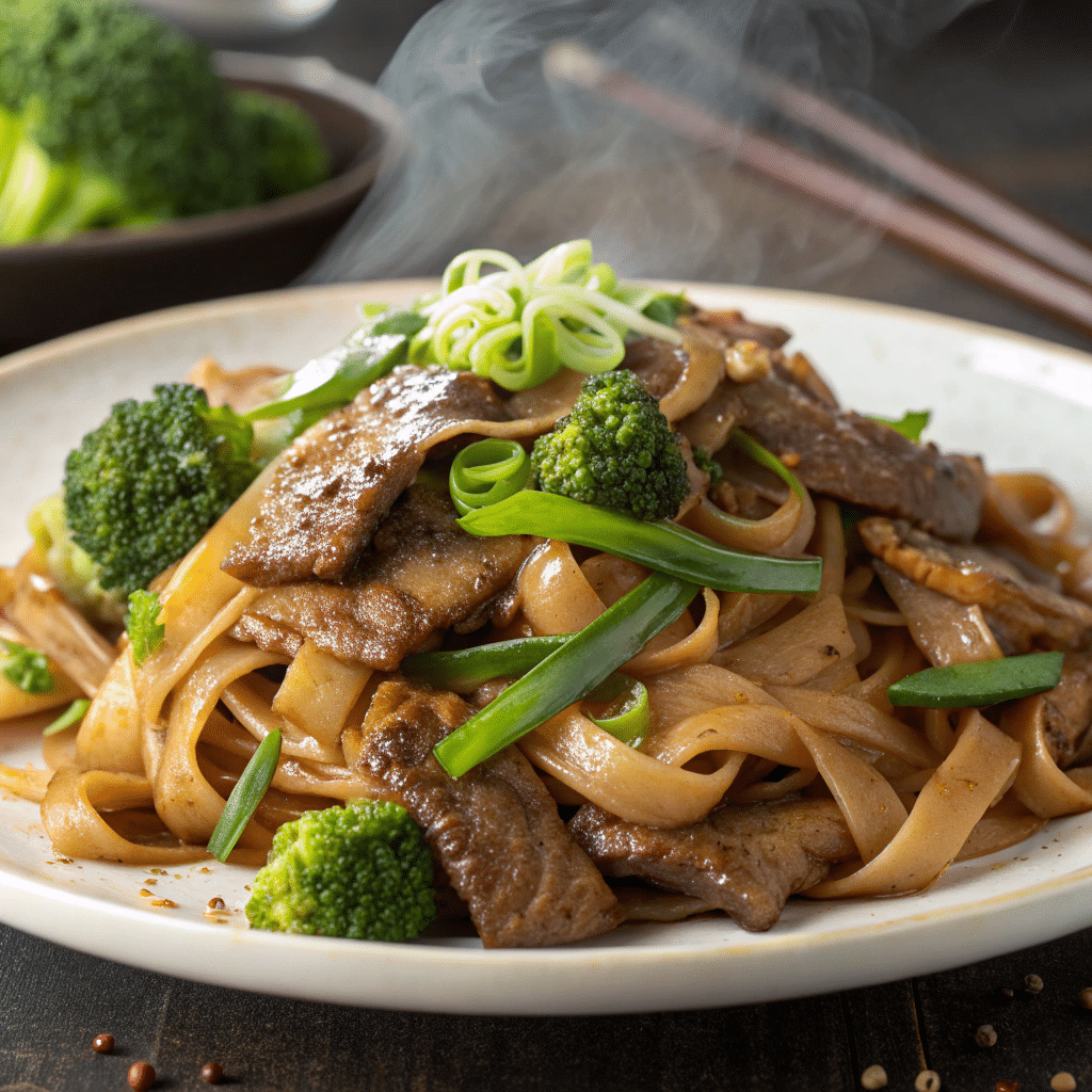 Beef chow fun recipe with wide rice noodles and tender beef