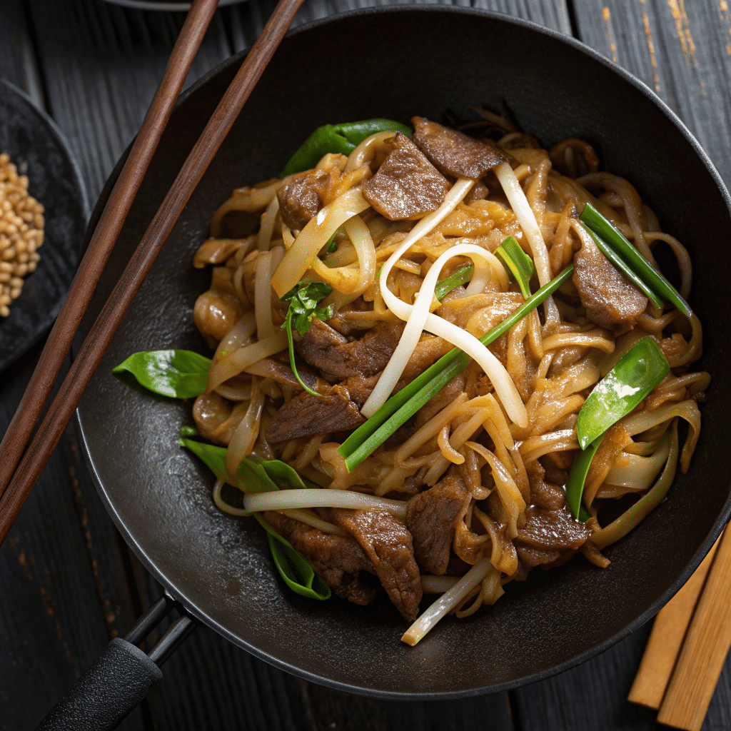 Beef chow fun recipe with wide rice noodles and tender beef