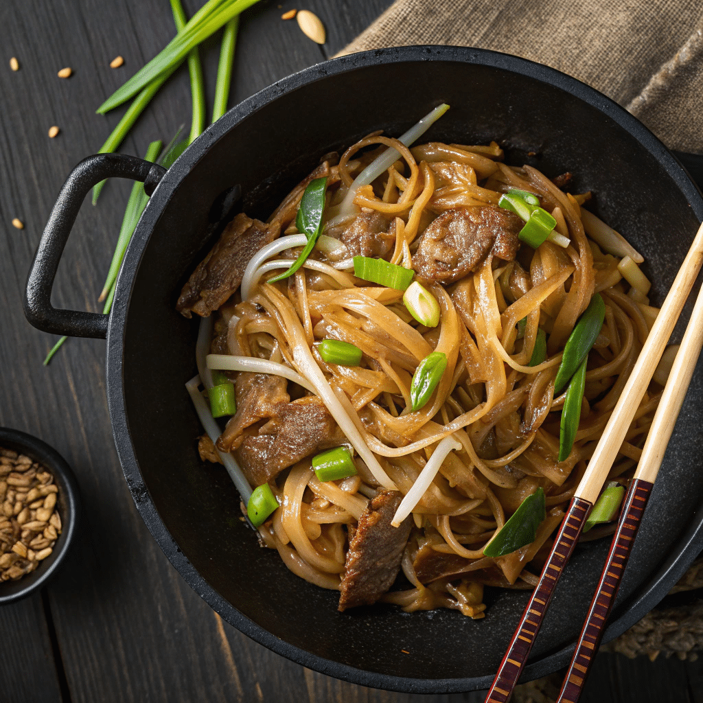 Beef chow fun recipe with wide rice noodles and tender beef