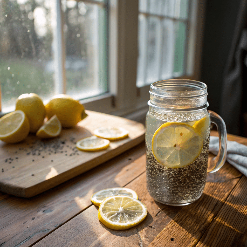 Chia Water in mason jar with lemon