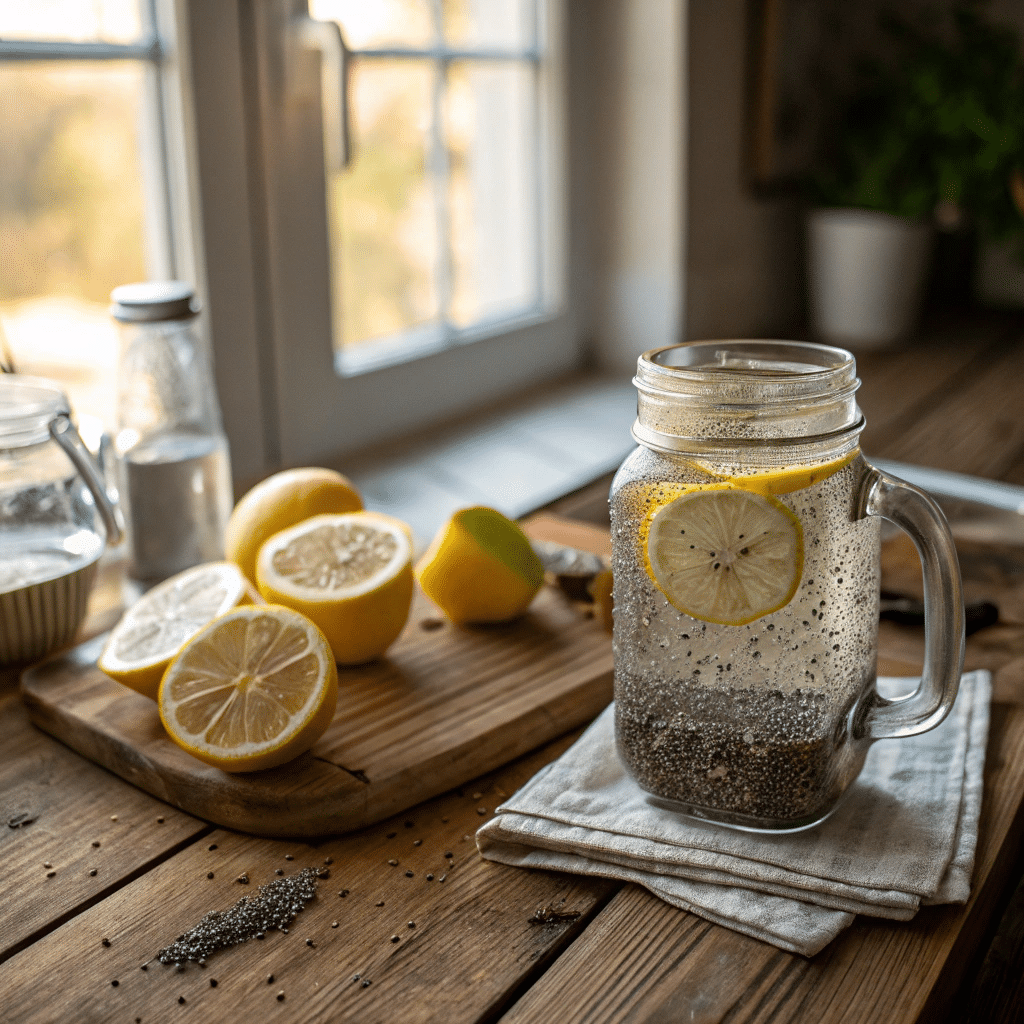 Chia Water in mason jar with lemon