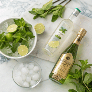 Hugo spritz ingredients including prosecco elderflower liqueur and mint