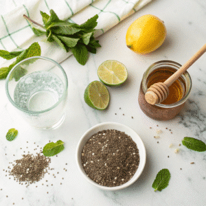 Chia water ingredients flat lay