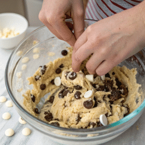 Mixing cookies and cream cookie dough with visible Oreo pieces