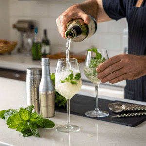 Making Hugo spritz by pouring prosecco into glass with elderflower liqueur