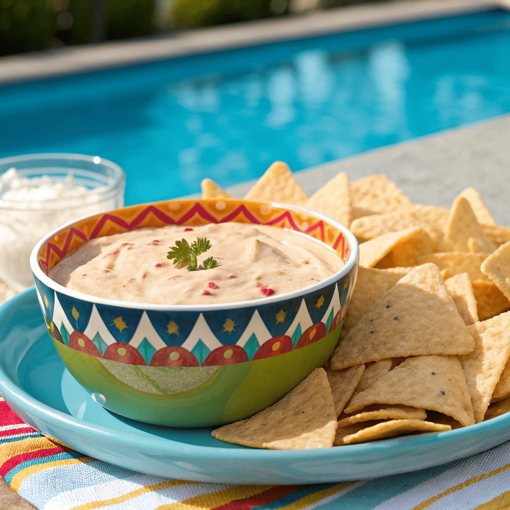 Easy boat dip recipe with sour cream and Rotel in serving bowl