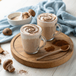 Mushroom coffee latte recipe in ceramic mug with steam rising