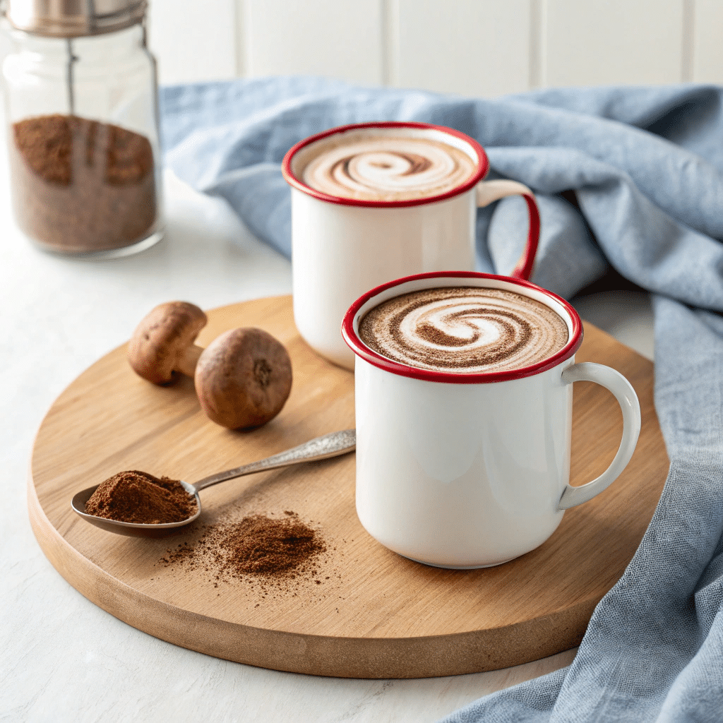 Mushroom coffee latte recipe in ceramic mug with steam rising