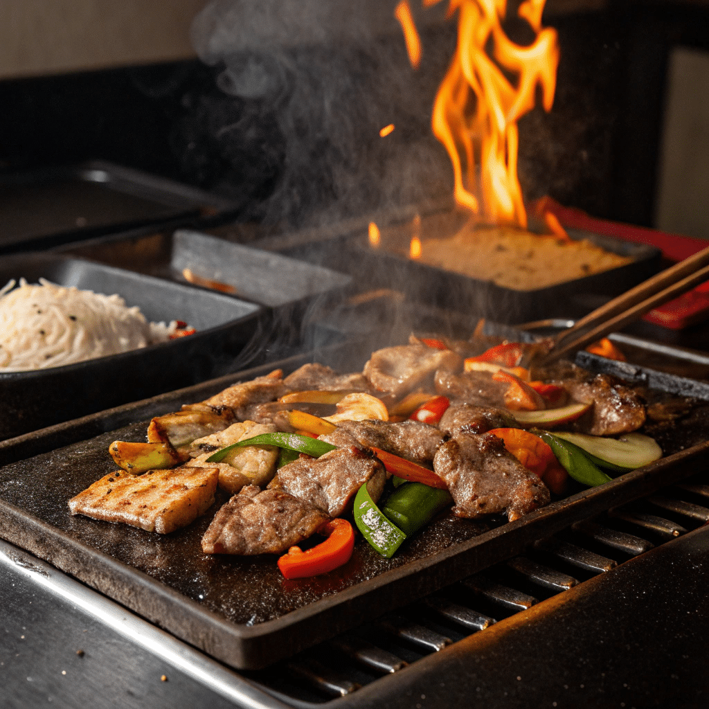 Hibachi recipe ingredients cooking on hot grill with flames