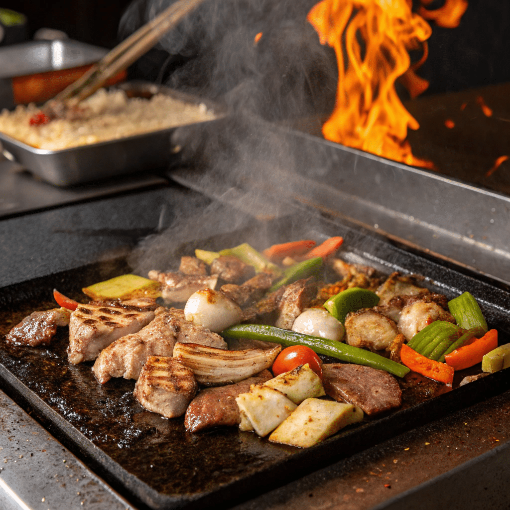 Hibachi recipe ingredients cooking on hot grill with flames