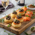 French appetizers recipe spread with gougères and tapenade