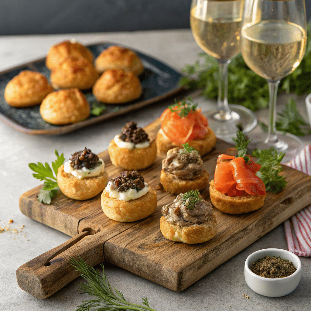 French appetizers recipe spread with gougères and tapenade
