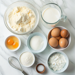 Cloud cake recipe ingredients laid out on marble