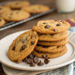 Thin cookies with perfect crispy texture and chocolate chips on parchment paper