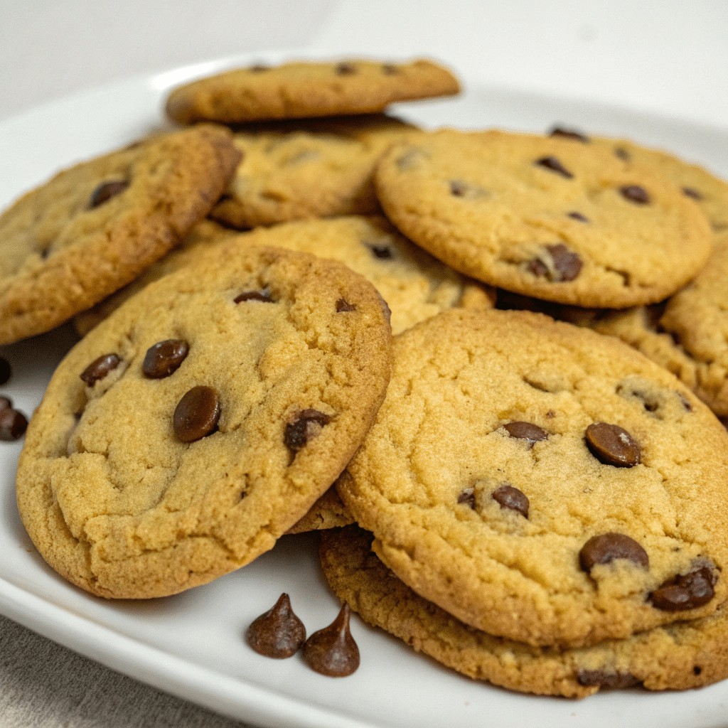 Thin cookies with perfect crispy texture and chocolate chips on parchment paper