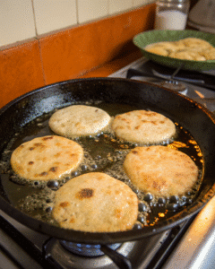 Gorditas puffing up in hot oil showing cooking process