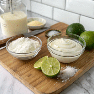 Mexican crema recipe ingredients - heavy cream, buttermilk, lime, and salt