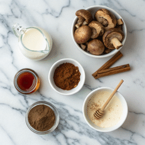Mushroom coffee latte ingredients including mushroom coffee powder and milk