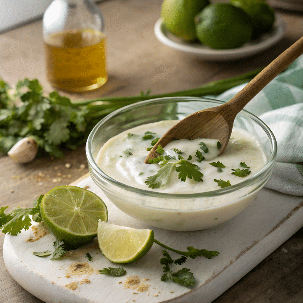 Homemade Mexican crema recipe in glass bowl with lime and cilantro garnish