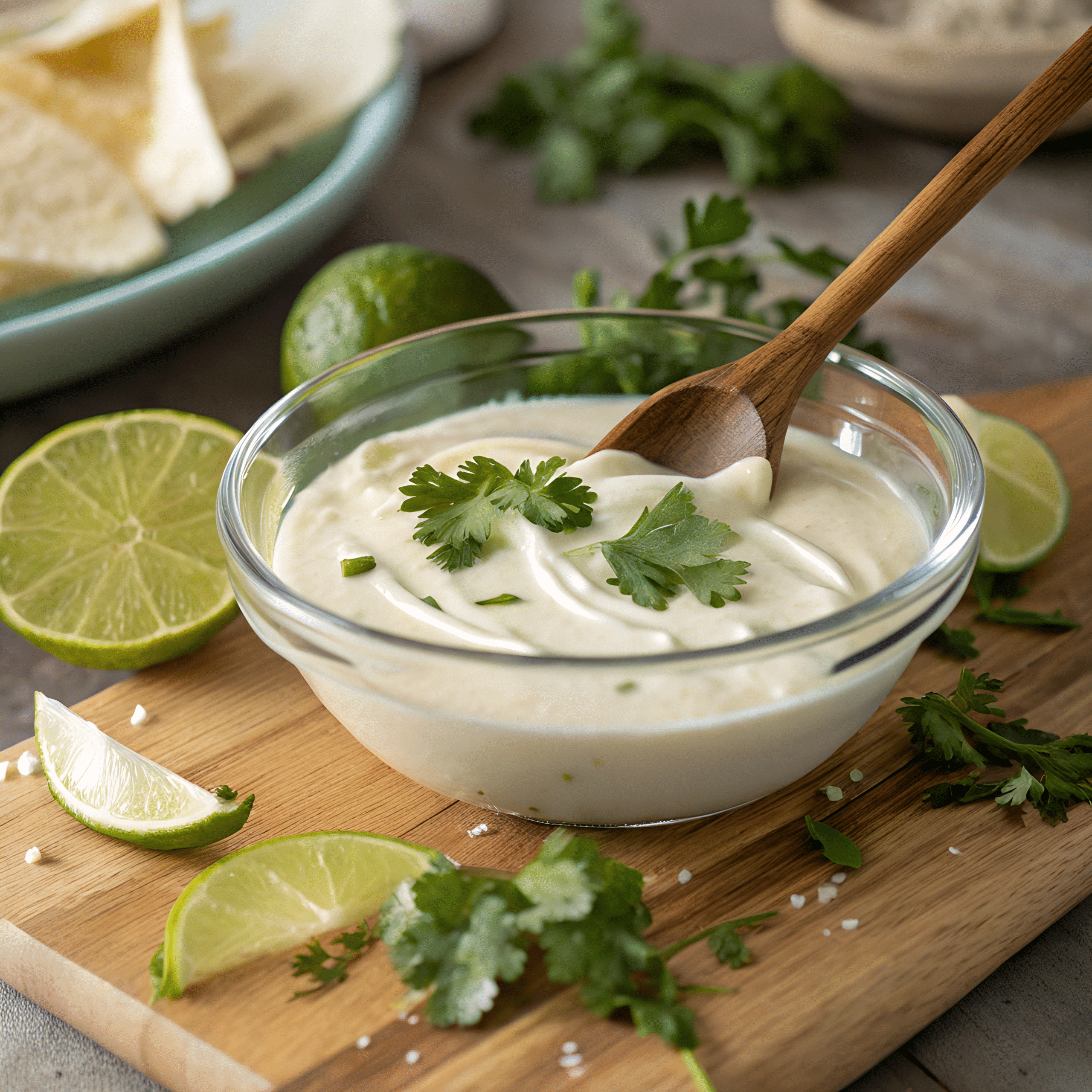 Homemade Mexican crema recipe in glass bowl with lime and cilantro garnish