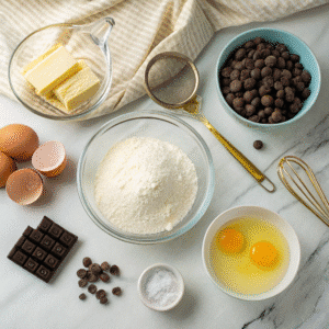 Thin cookie ingredients including melted butter sugar flour and chocolate chips