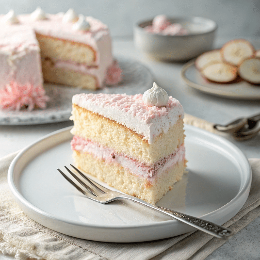 Fluffy cloud cake recipe slice on white plate
