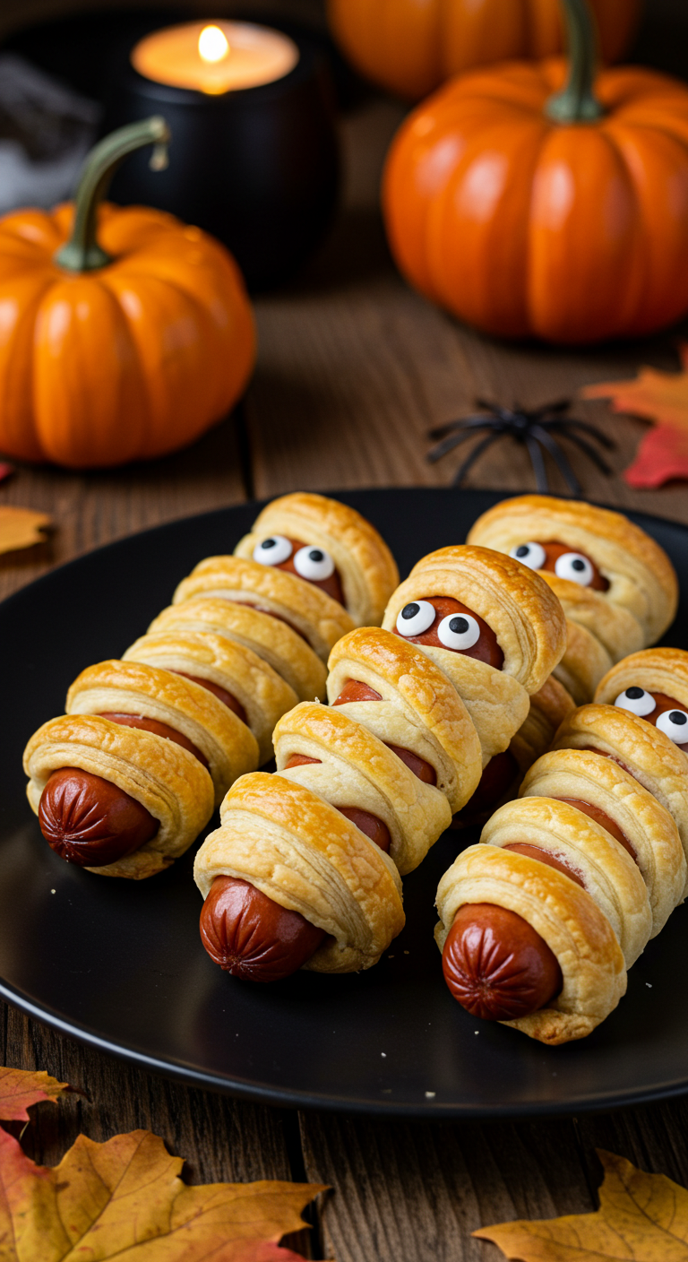 Freshly baked mummy hot dogs wrapped in golden puff pastry with visible mustard eyes on a plate, perfect for Halloween treats.