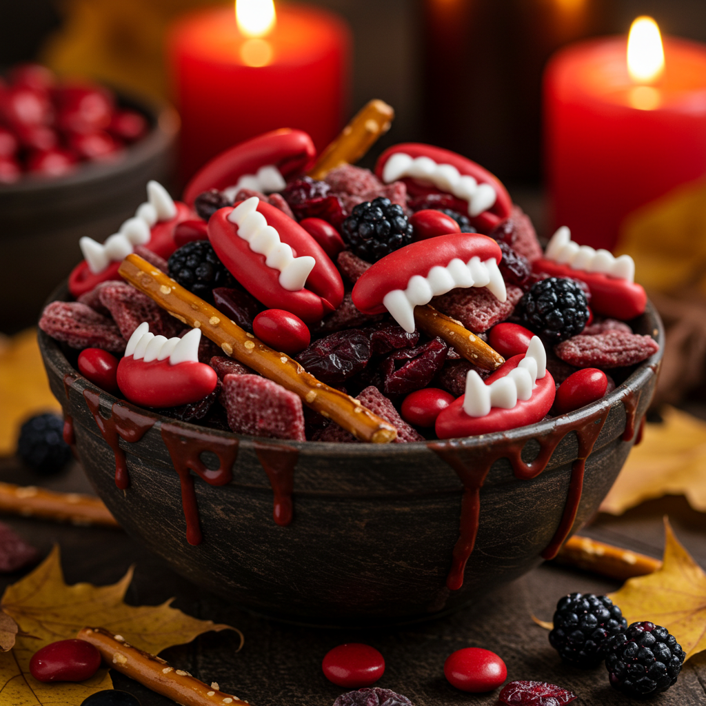 Halloween trail mix in a rustic bowl topped with candy vampire fangs, pretzel sticks, blackberries, and red candies, surrounded by candles and autumn leaves.