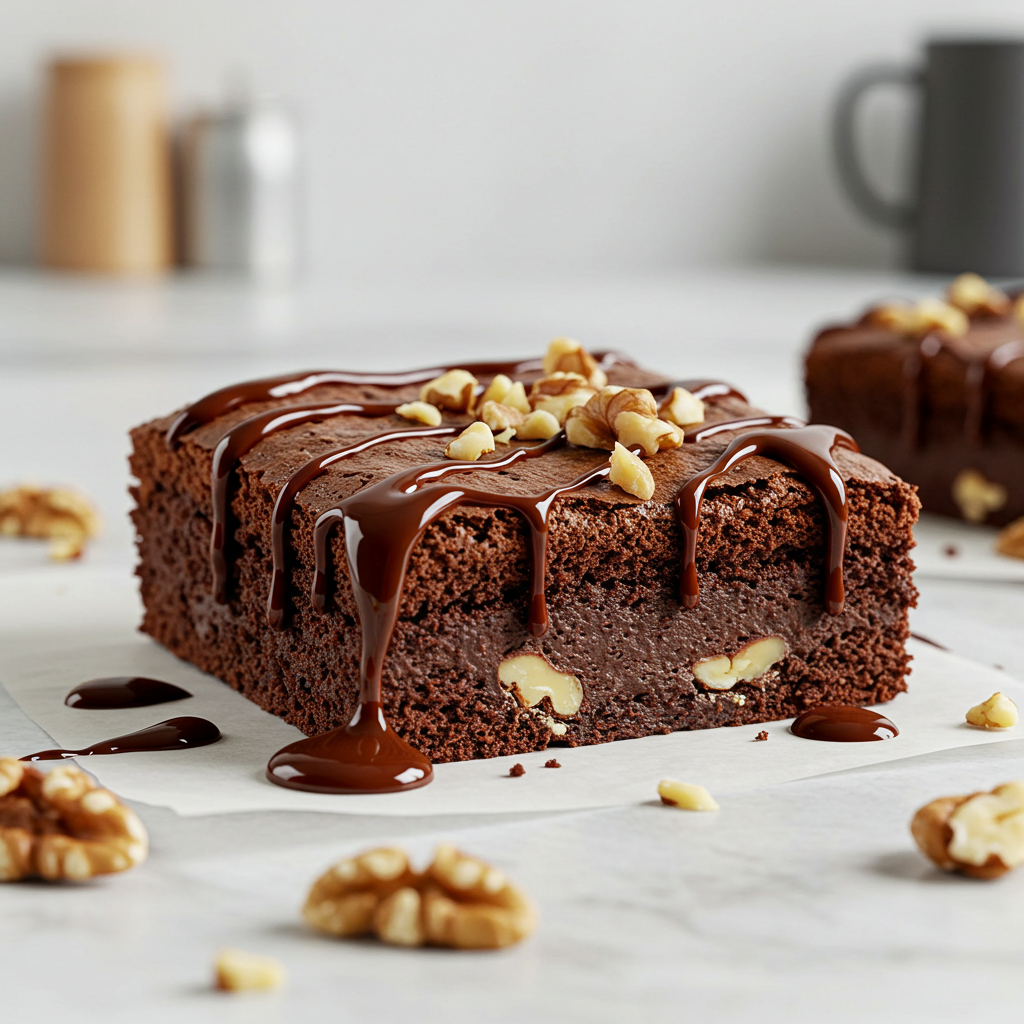 Fudgy chocolate protein brownie with walnuts and dark chocolate drizzle, sliced on parchment