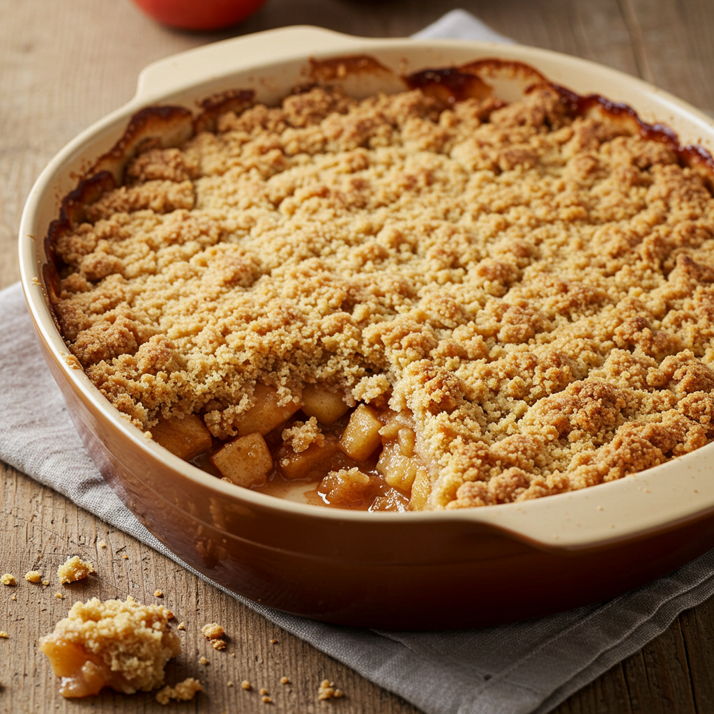Homemade apple crumble with golden brown topping and spiced apple filling in a baking dish