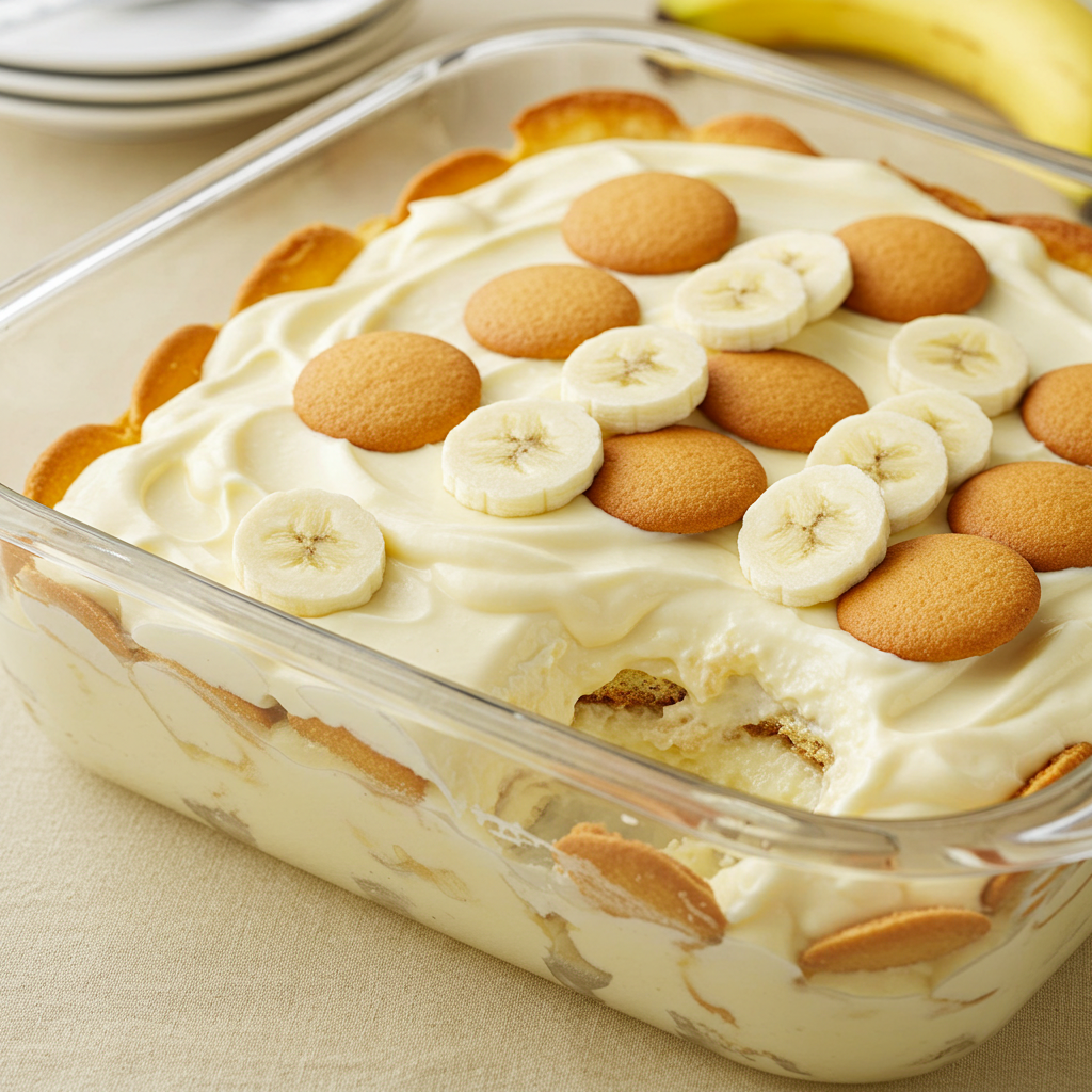 Southern-style banana pudding with vanilla wafers and fresh banana slices in a glass dish