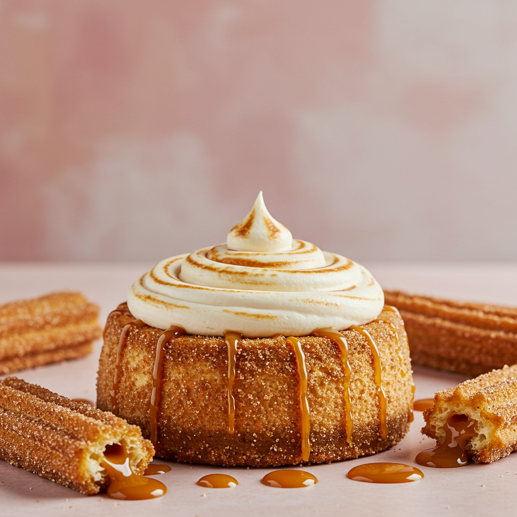 Churro cheesecake topped with toasted meringue and caramel sauce, surrounded by caramel-filled churros