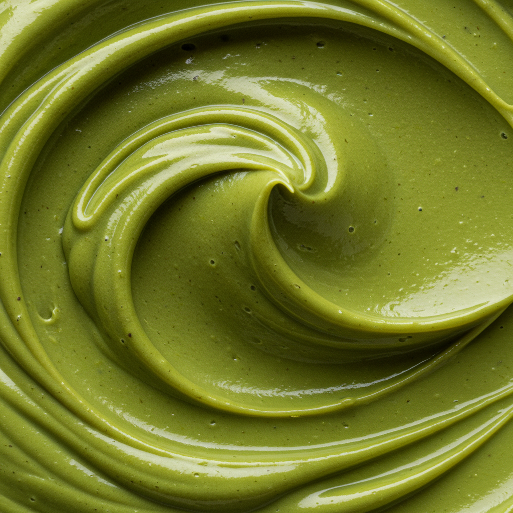 Smooth pistachio cream swirled to showcase its vibrant green color and creamy texture