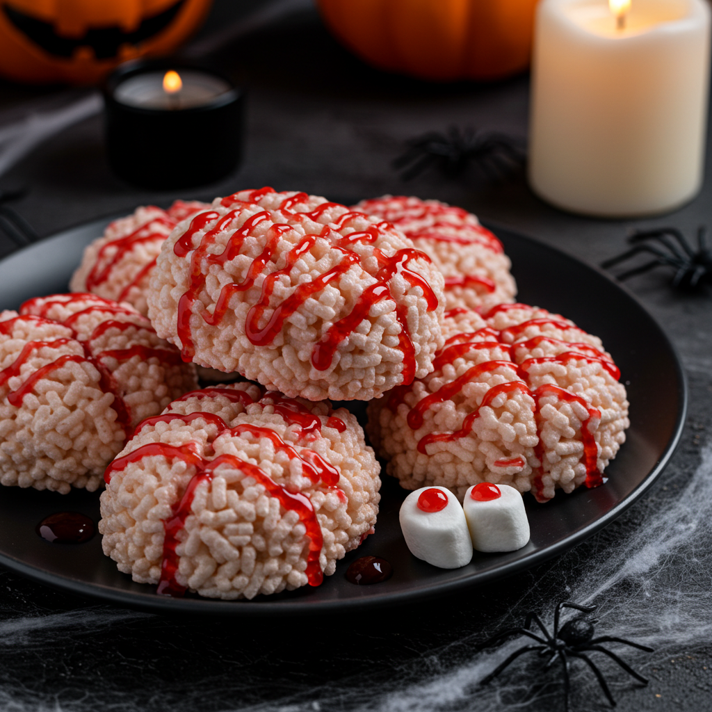 Marshmallow Rice Bubbles Halloween Brains treats shaped like brains, drizzled with red icing on a dark plate, Halloween candles and pumpkins nearby.