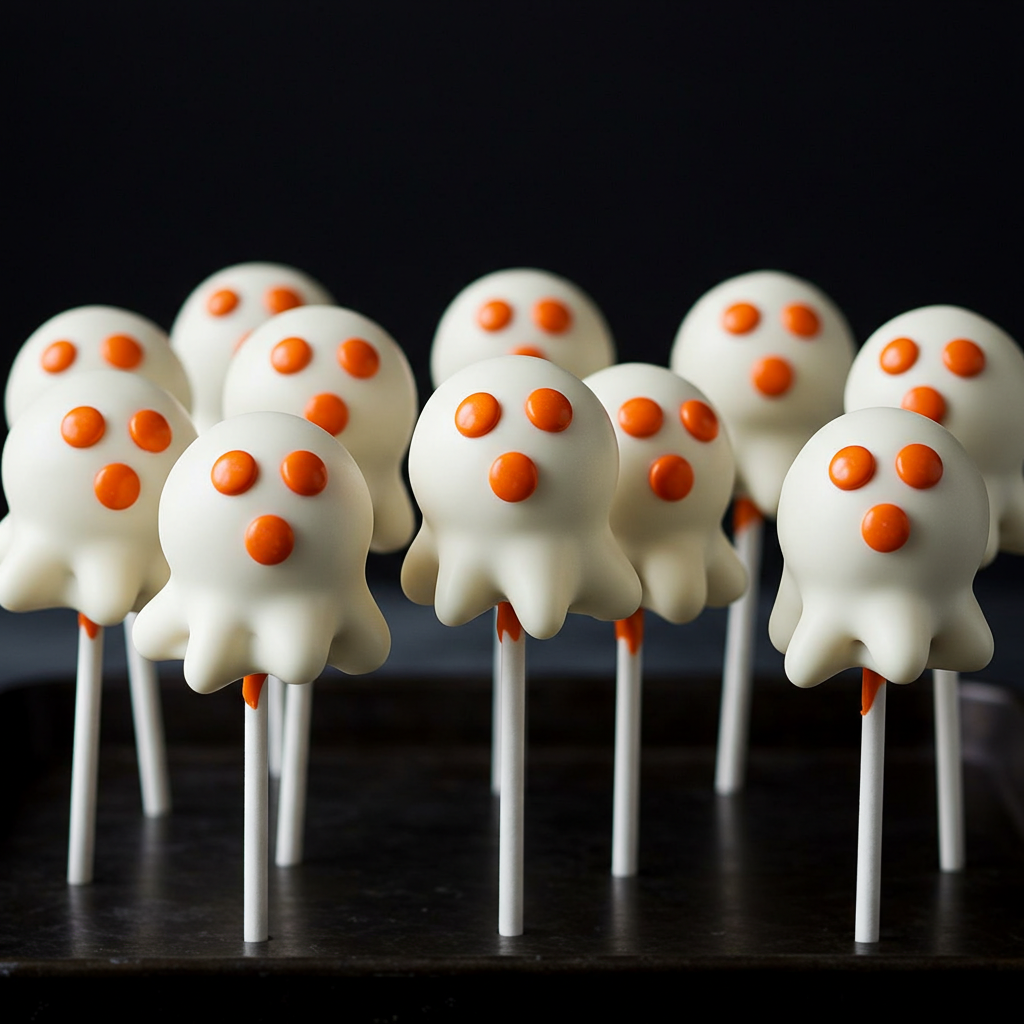 Colorful Halloween cake pops decorated with orange, black, and white frosting shaped like pumpkins, ghosts, and bats, displayed on a festive tray.