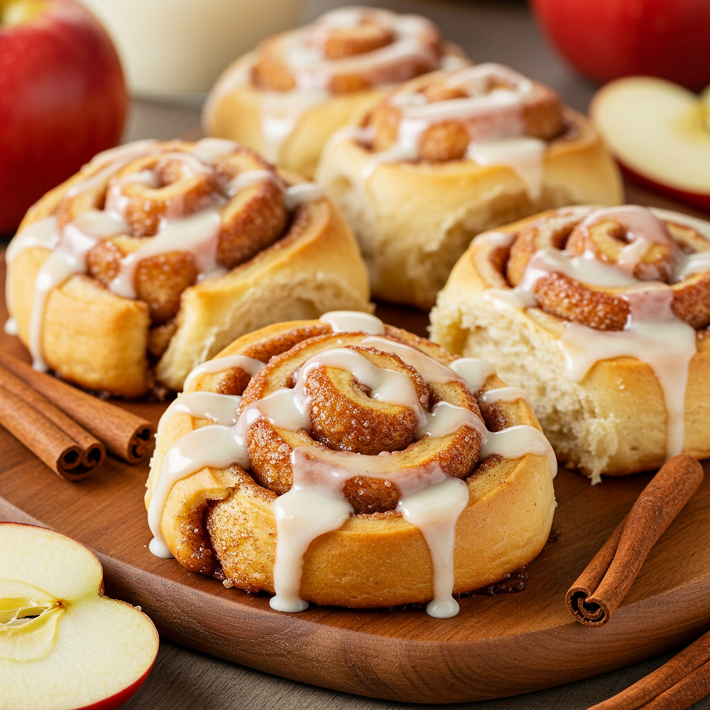 Freshly baked apple cinnamon rolls with golden-brown crust and swirls of cinnamon, topped with a light glaze on a white plate.