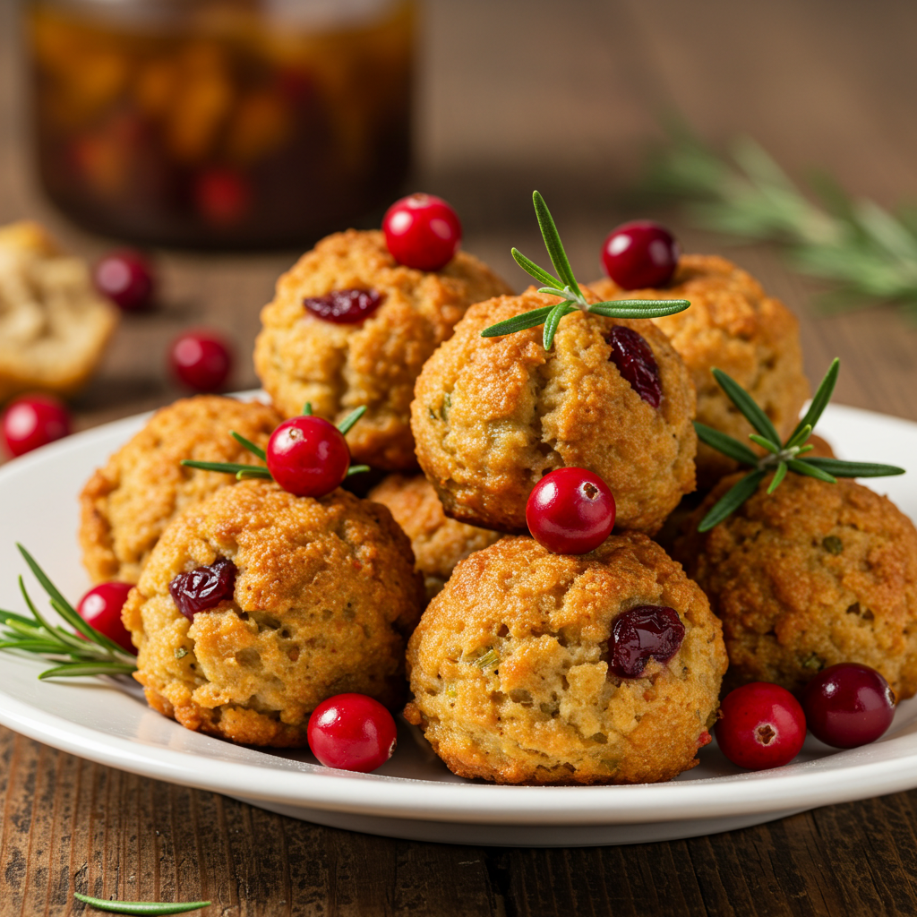 Golden-brown turkey stuffing balls with bright red cranberries, served on a white plate, perfect bite-sized appetizers.