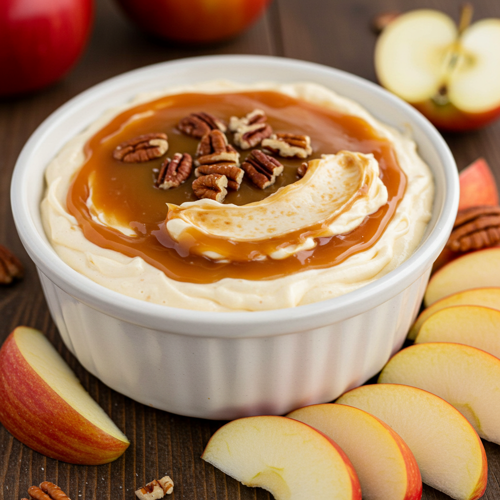 A bowl of creamy caramel apple cheesecake dip topped with pecans, surrounded by fresh apple slices.
