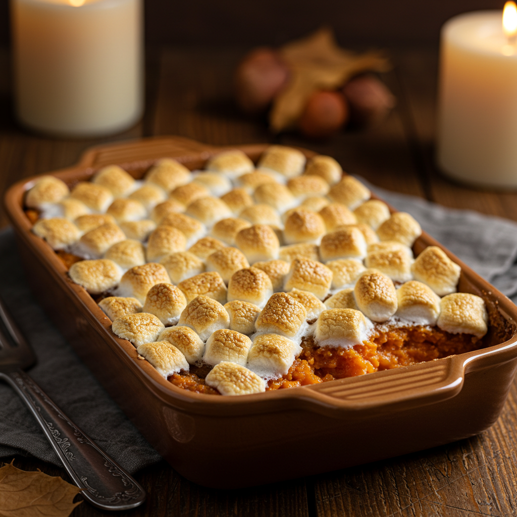 Baked sweet potato casserole in a brown dish, topped with rows of golden toasted marshmallows and set on a rustic table.