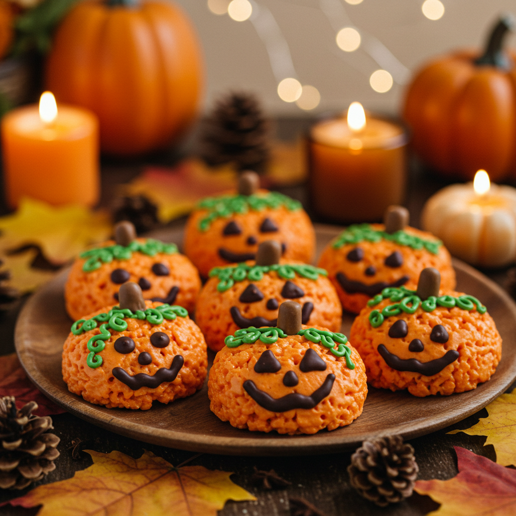 Round orange Rice Krispie treat pumpkins with green icing vines and candy stems, arranged on a plate with fall decor.